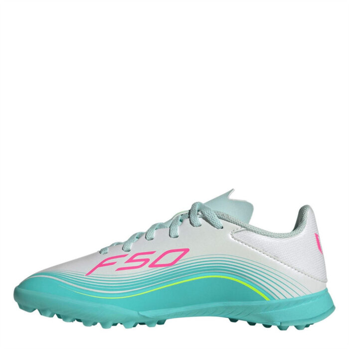 adidas F50 Messi Junior Turf Football Boots – Wht/Pink/Blue - Image 2