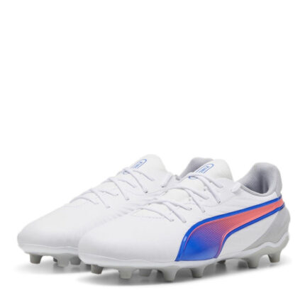 Puma King Junior Firm Ground Football Boots – White/Blue/Grey