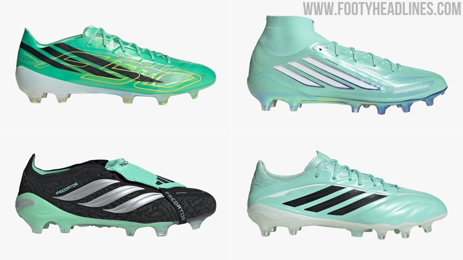 adidas Final Rush boots pack in light mint, featuring the F50 Hyperfast, F50 Sparkfusion, Predator 26 and Copa Pure 4