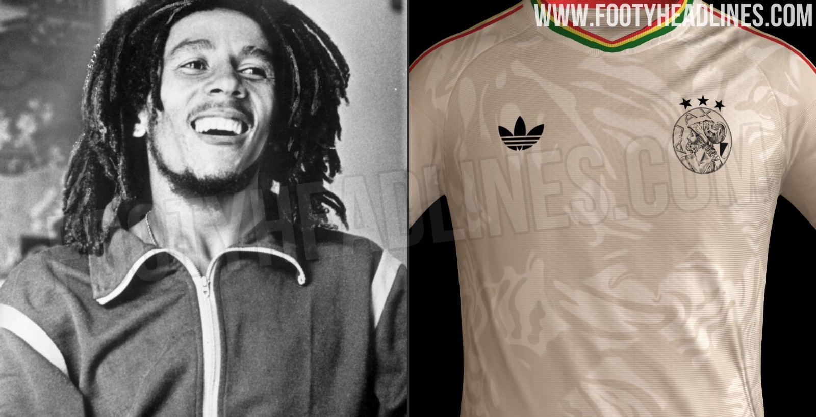 Leaked design rendering of the Ajax 2027-28 away kit with Bob Marley cream and rasta details