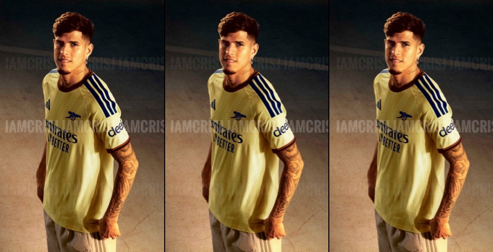Pale yellow Arsenal 2026/27 third kit with navy lightning bolt graphic, recreated leak image