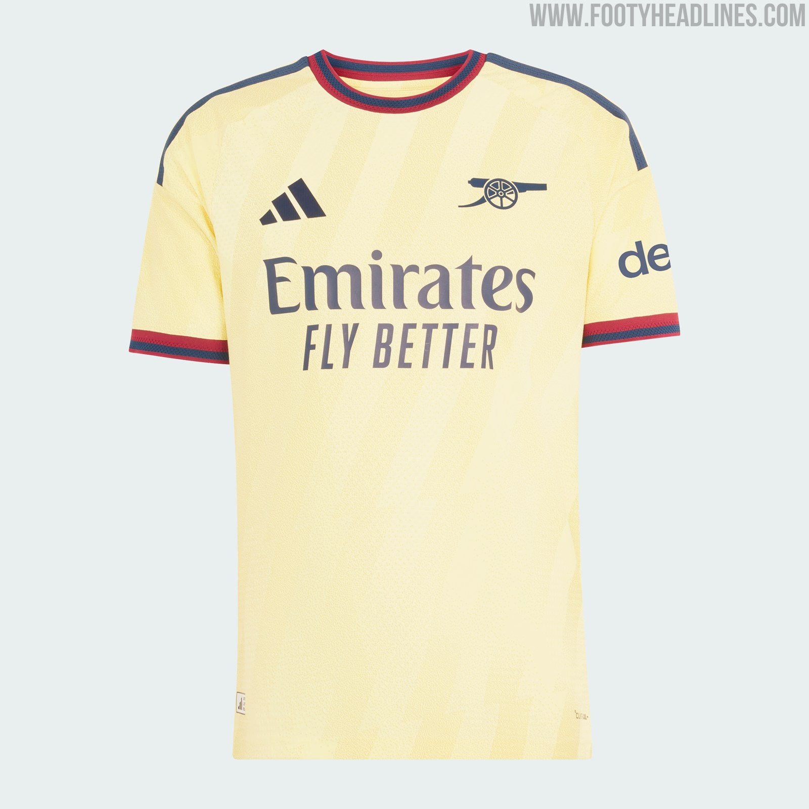 Arsenal 2026/27 third kit, pale yellow shirt with navy lightning bolt graphic