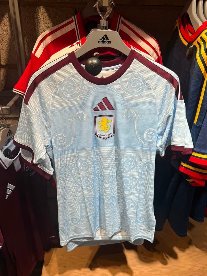 Aston Villa 2026-27 third kit leaked image, pale sky blue with claret shoulders and swirl pattern