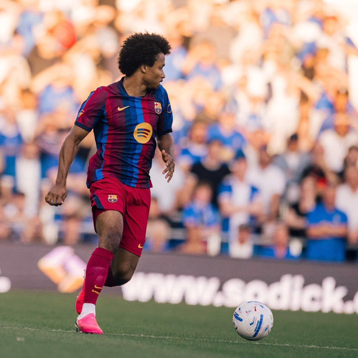 Barcelona 2026-27 home kit debut image, striped shirt with red shorts and red socks against Birmingham City