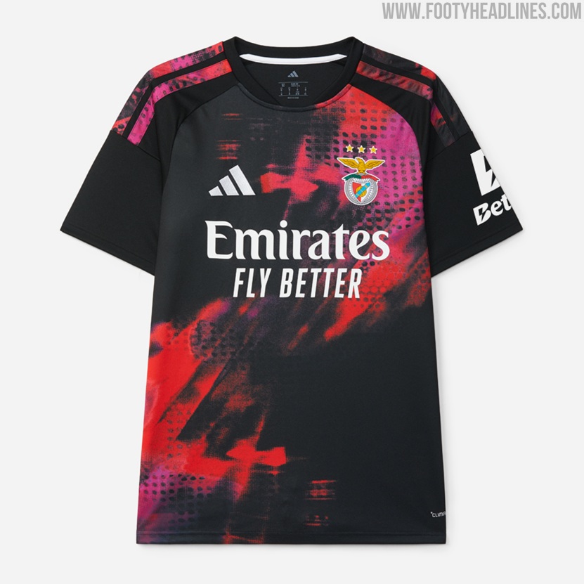 Benfica 2026/27 third kit, black shirt with pink and red spray-paint graphic