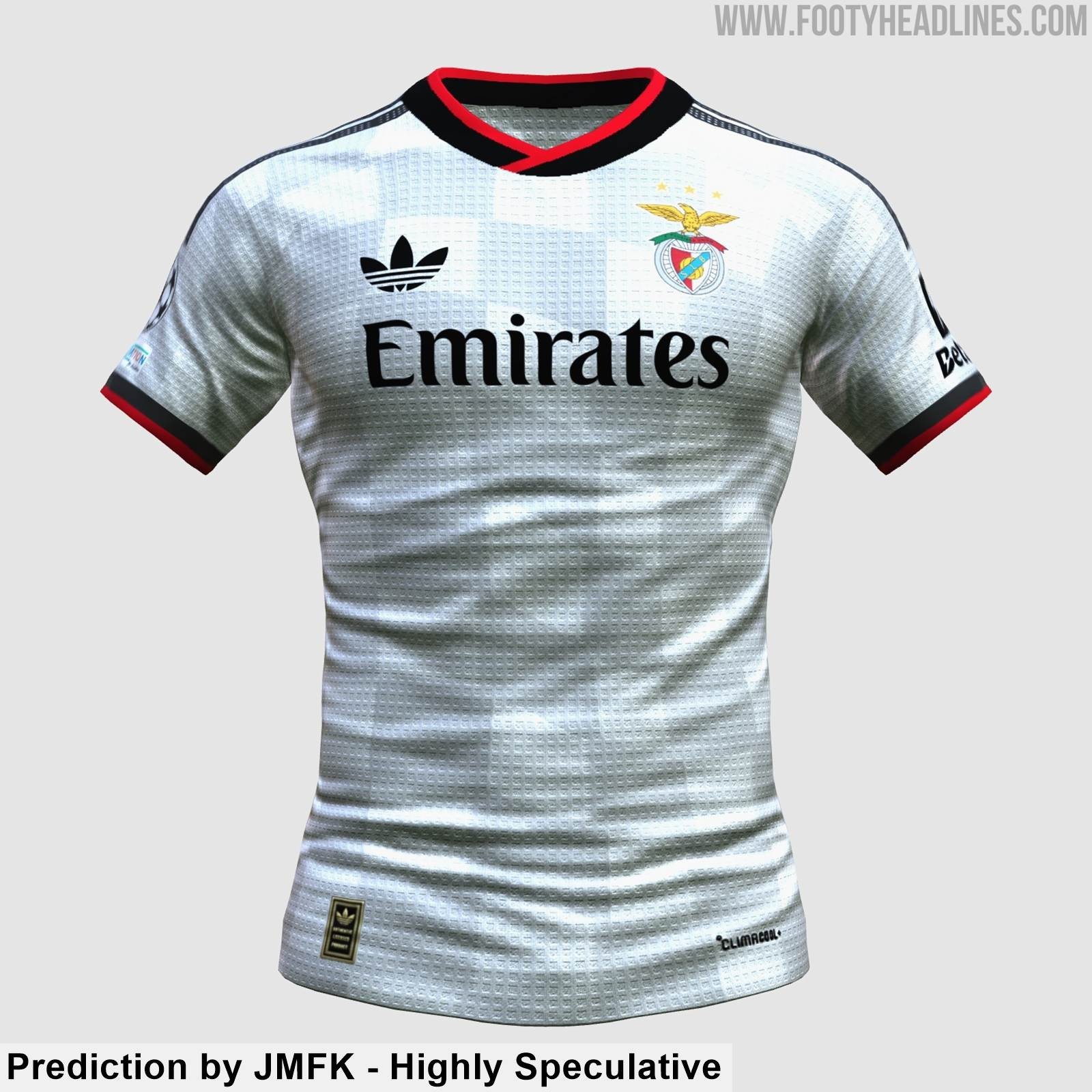 Prediction rendering of the Benfica 2027-28 away kit by adidas, white with black and red accents