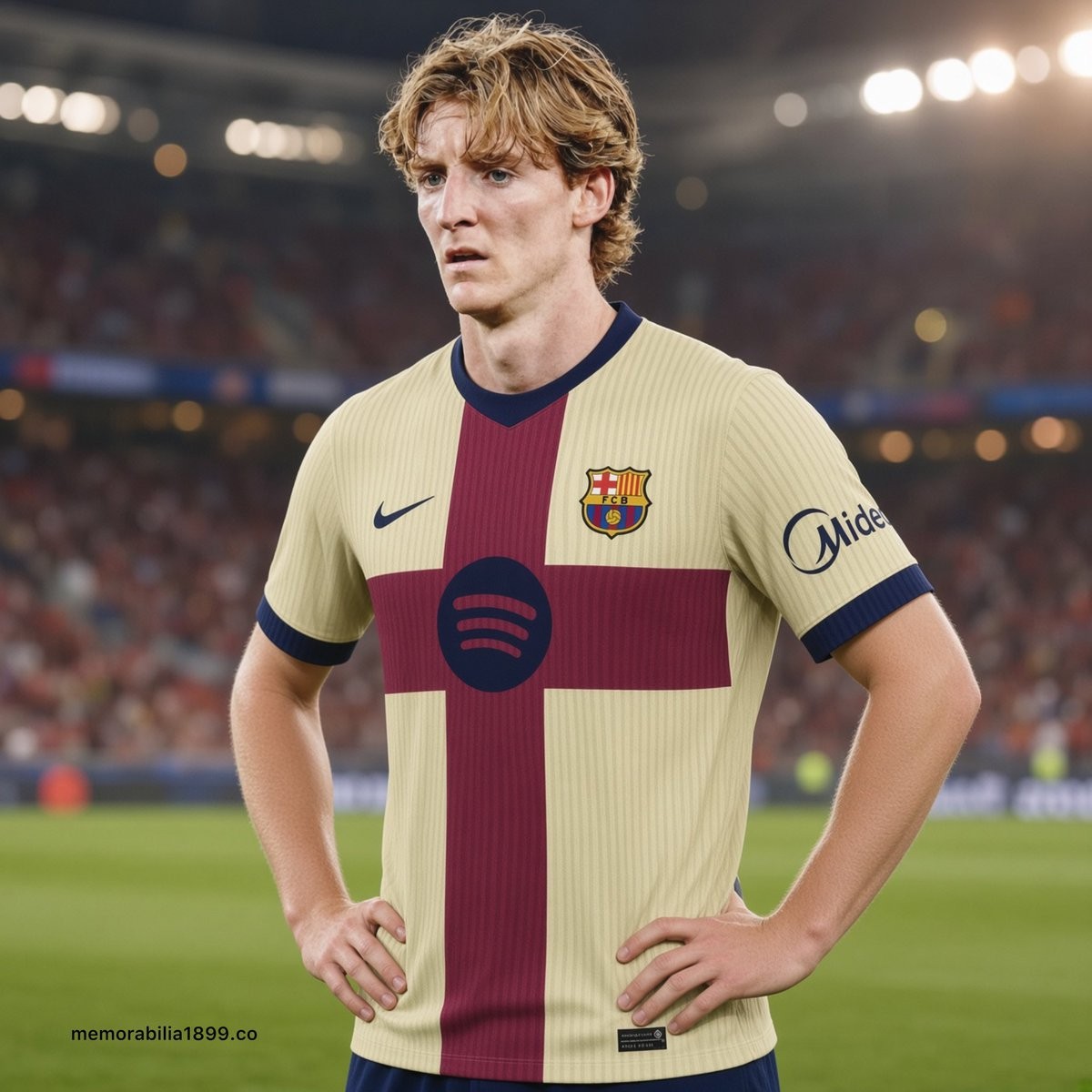Concept render of the leaked Barcelona 2026/27 fourth kit: beige shirt with a maroon cross and navy collar