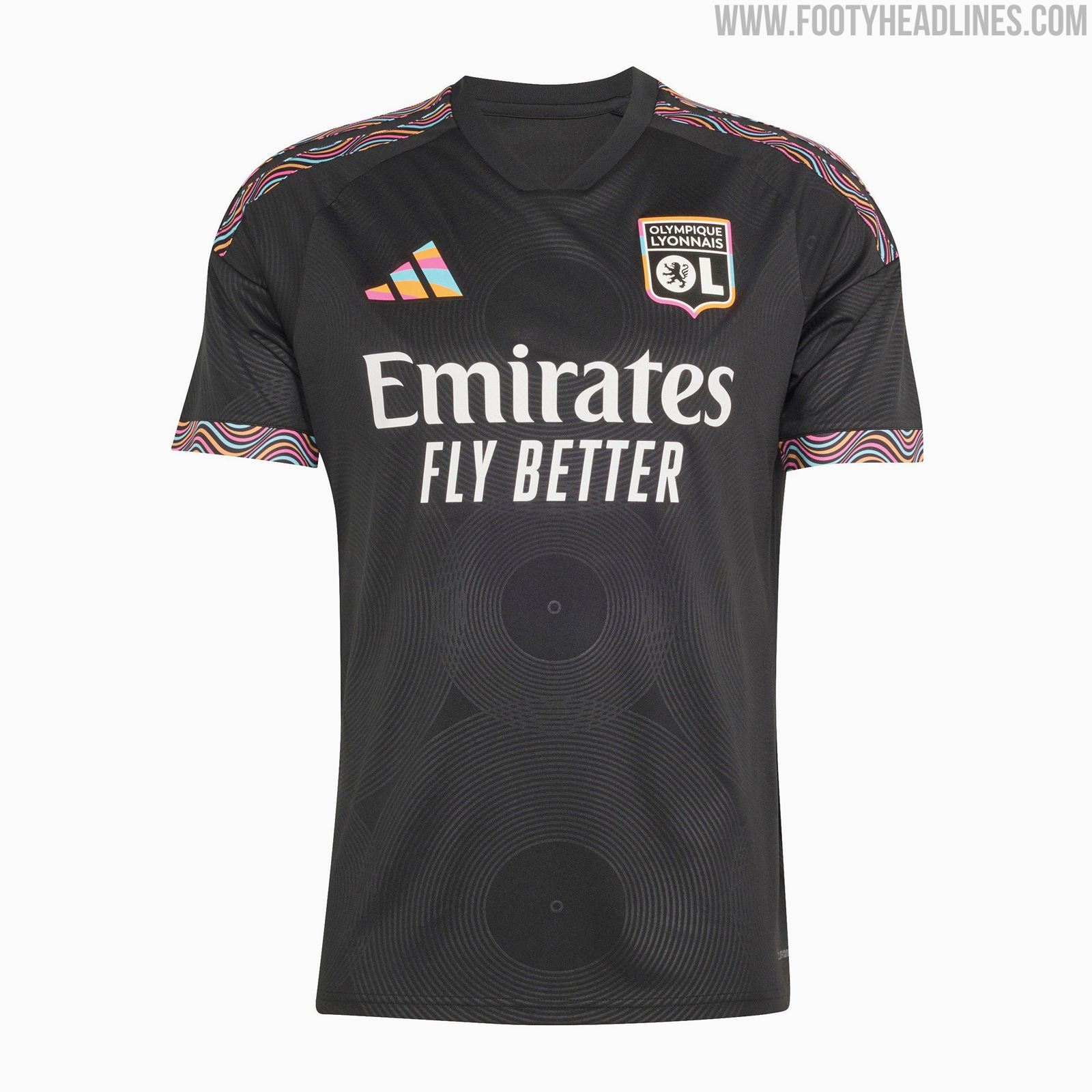 Olympique Lyonnais 2026-27 third kit by Adidas, black shirt with multicolour funk-inspired graphics