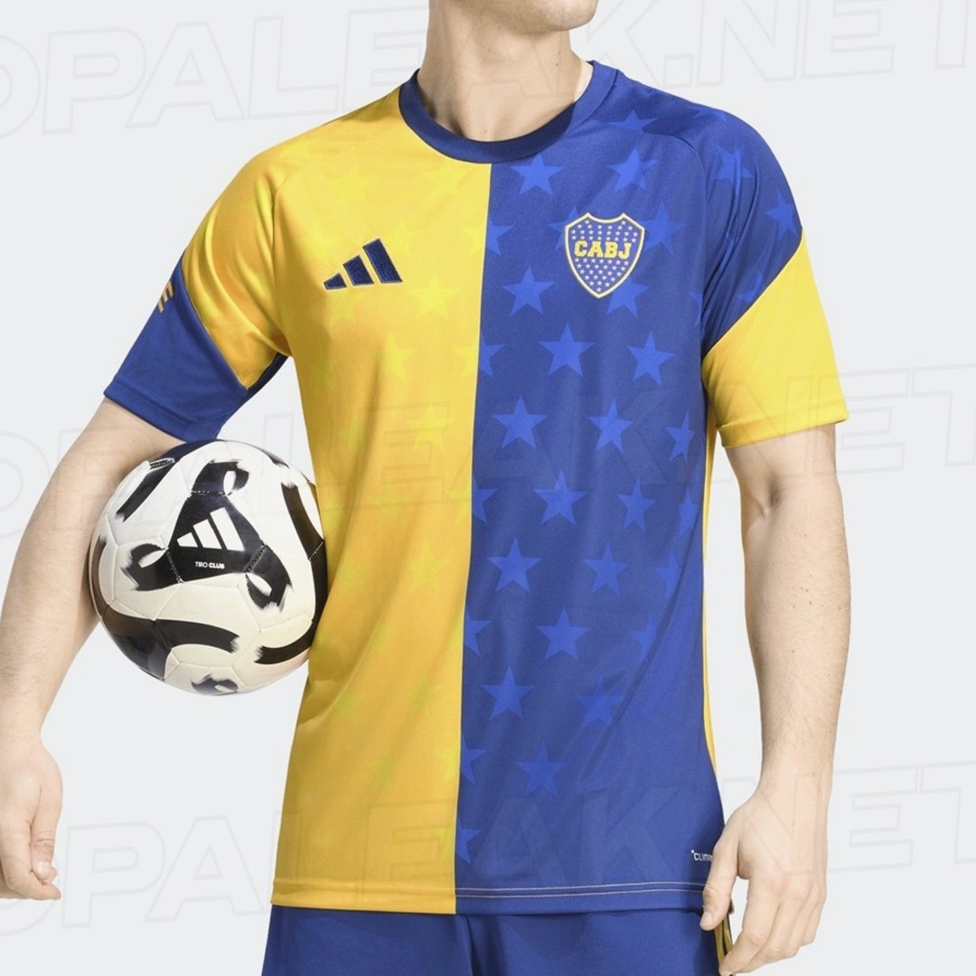 Boca Juniors 2026/27 Adidas pre-match shirt, blue and yellow halves with all-over star print