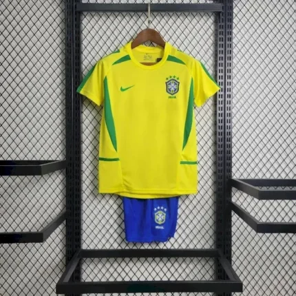 Brazil 2002 Home Kids Retro Jersey And Shorts