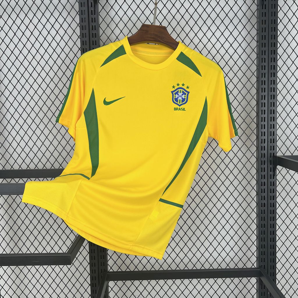 Brazil 2002 home retro jersey, yellow with green trim, front