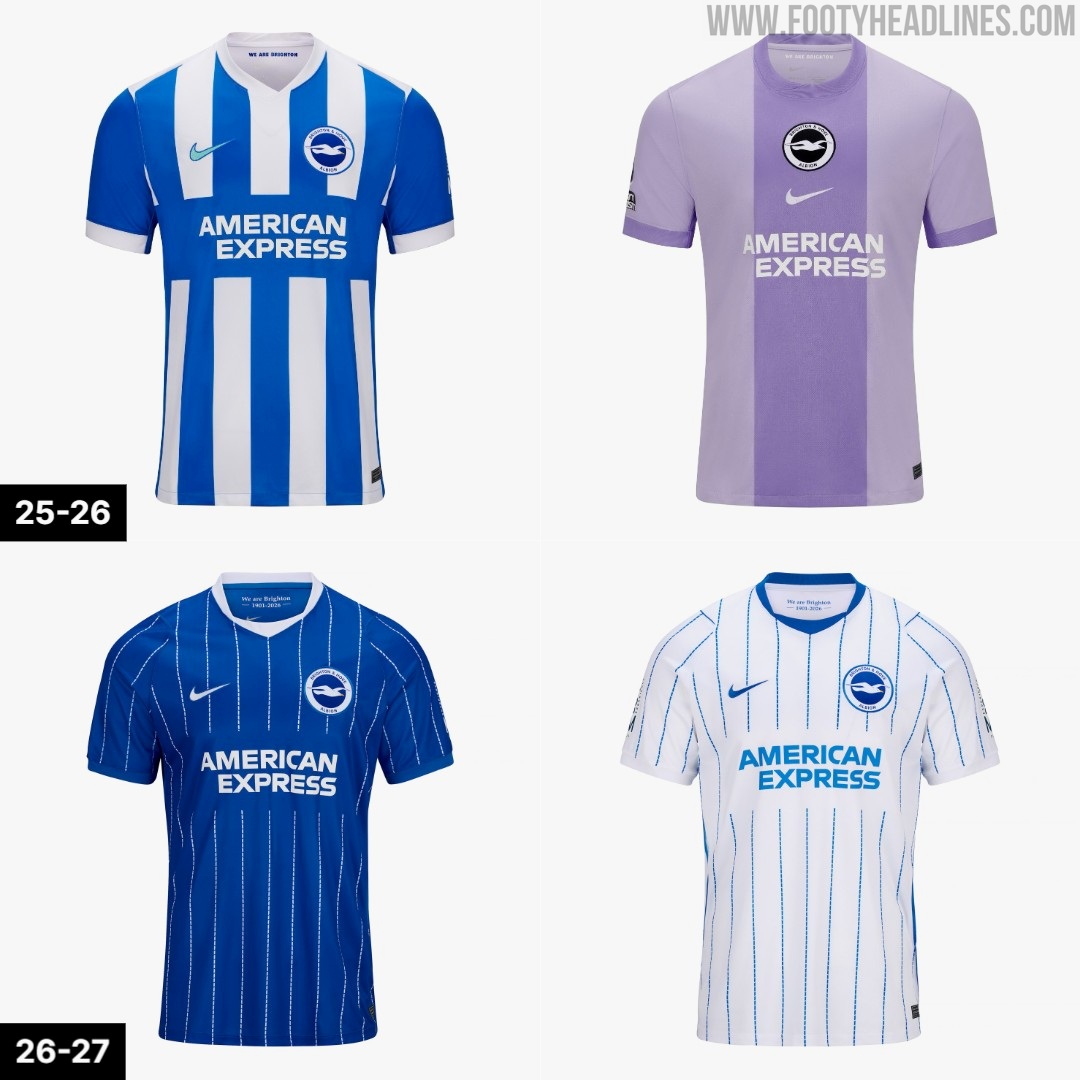 Brighton & Hove Albion 2026-27 home and away kits by Nike, royal blue and white pinstripes marking the club 125th anniversary