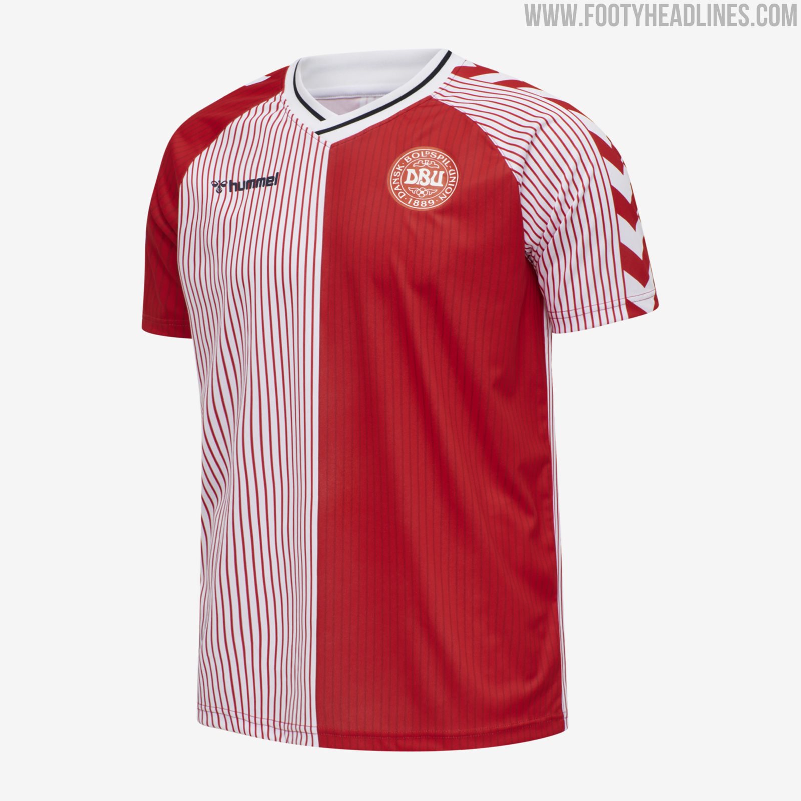 Denmark 1986 World Cup home shirt by hummel, halved red and white pinstripe design