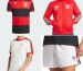 Adidas 2025 remake of the Flamengo 1981 red and black hooped shirt, track jacket, white tee and shorts