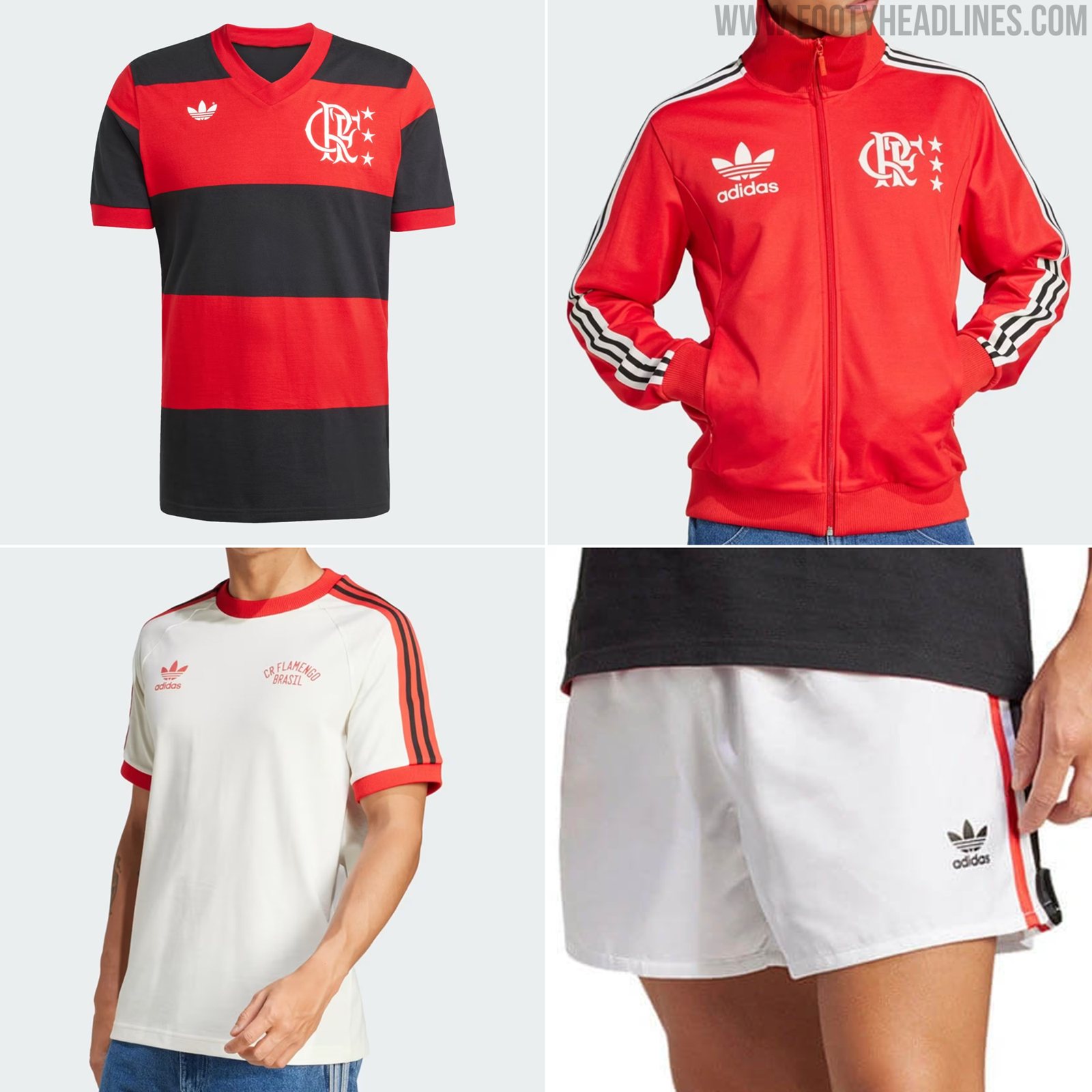 Adidas 2025 remake of the Flamengo 1981 red and black hooped shirt, track jacket, white tee and shorts