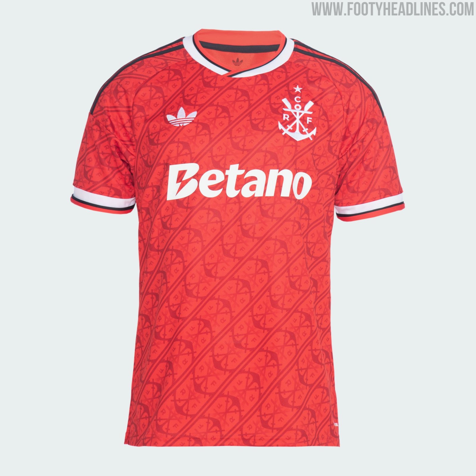 Adidas Flamengo 2026-27 third kit in red with a tonal wavy print and the historic white rowing crest in place of the football badge