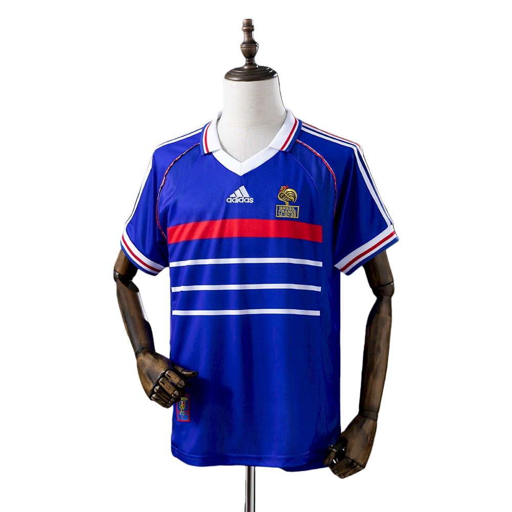 France 1998 World Cup home shirt in royal blue with white V-neck, red chest band and three white stripes