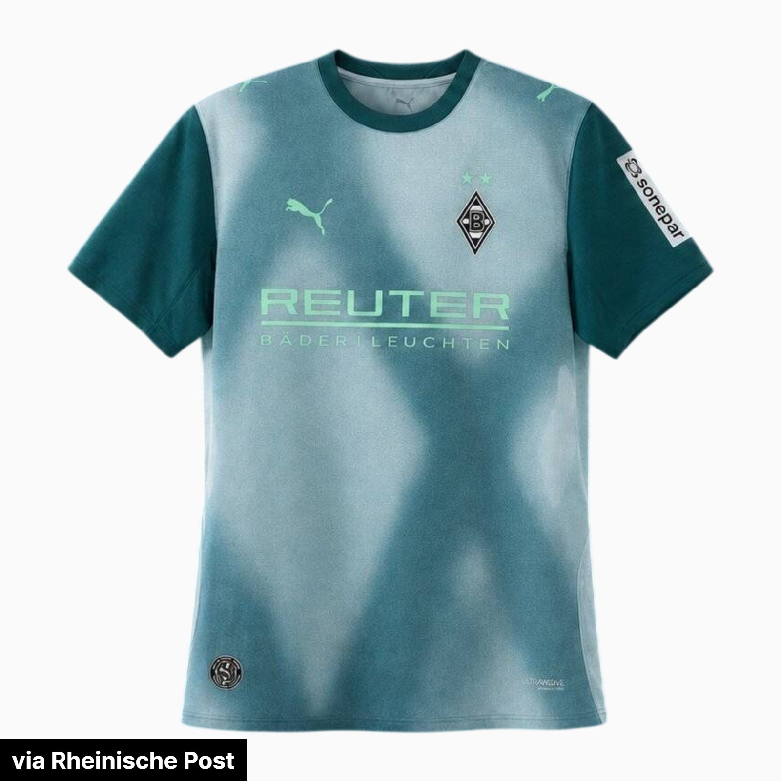 Borussia Mönchengladbach 2026-27 third kit leaked: light blue-turquoise Puma shirt with cloud diamond pattern and neon green accents