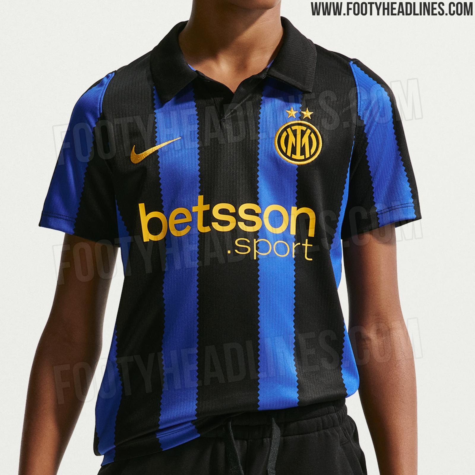 Inter Milan 2026-27 home kit leaked image showing black and blue vertical stripes with University Gold Nike logo