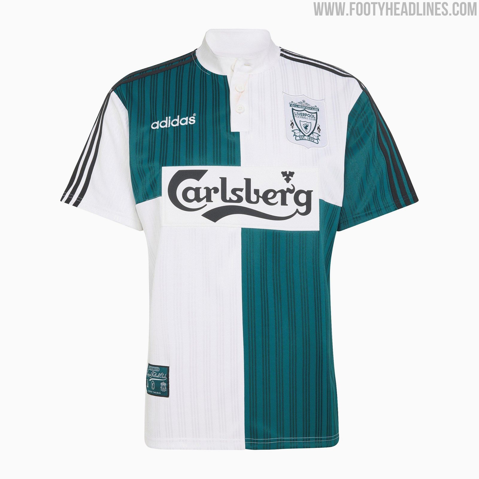 Liverpool 1995-96 green and white quartered away shirt
