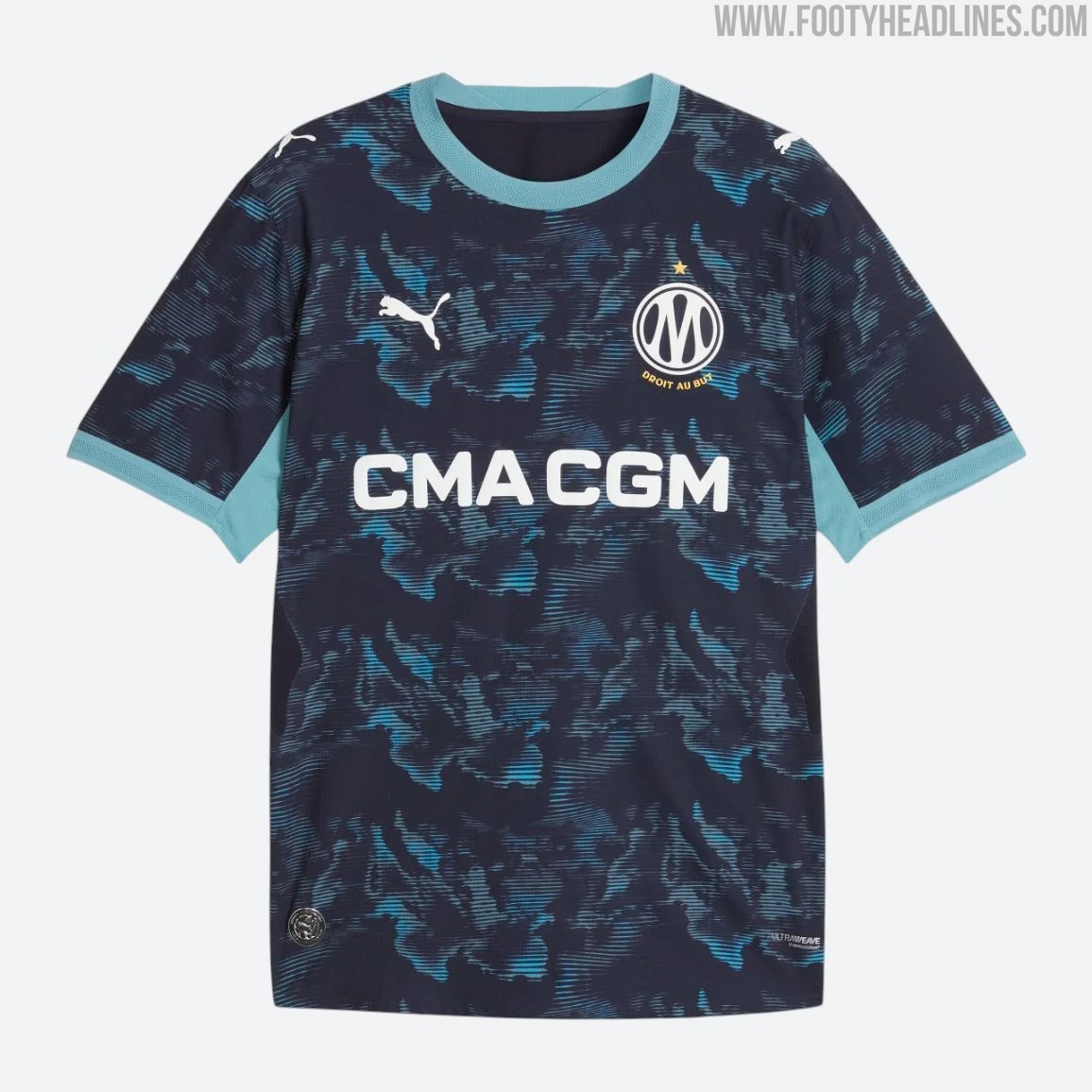 Olympique Marseille 2026/27 Puma away kit in deep ocean blue with an all-over Mediterranean bathymetry map graphic