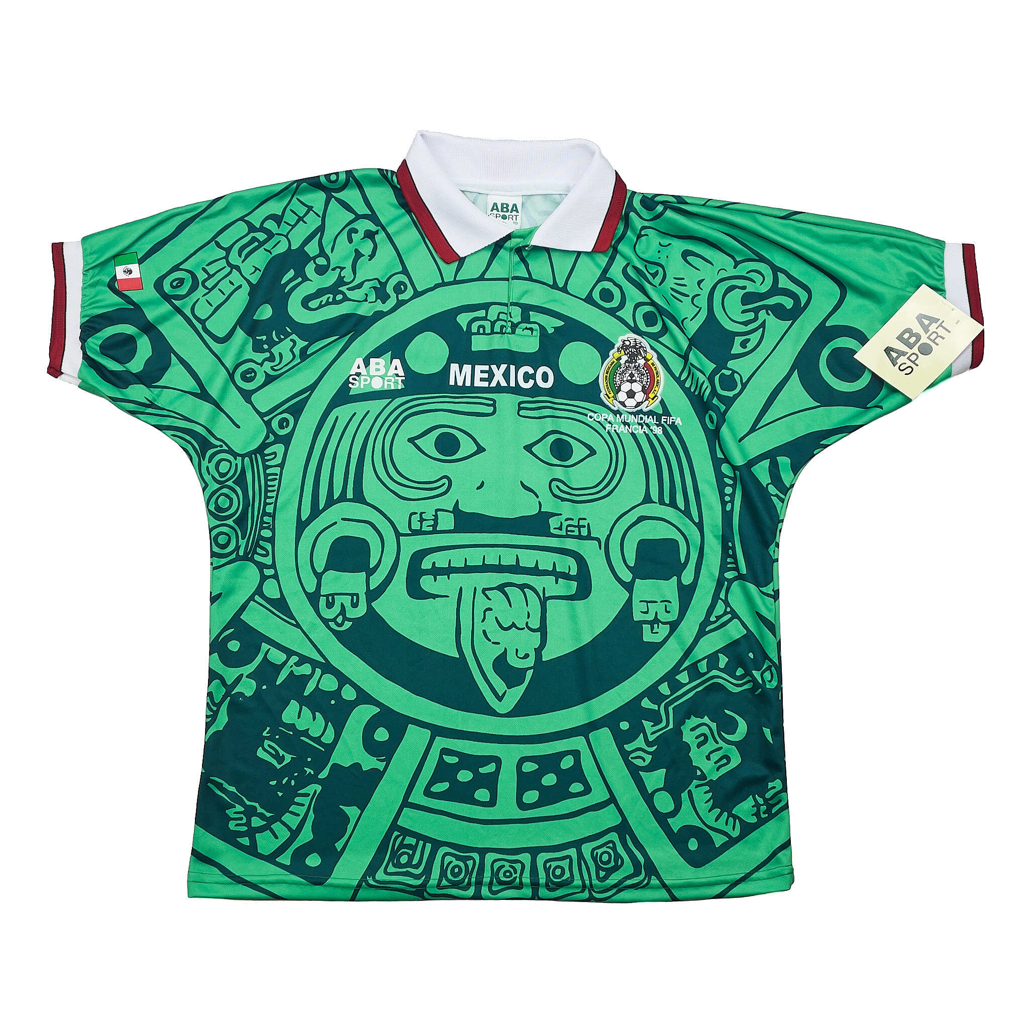 Mexico 1998 World Cup home shirt by ABA Sport with the Aztec Sun Stone graphic
