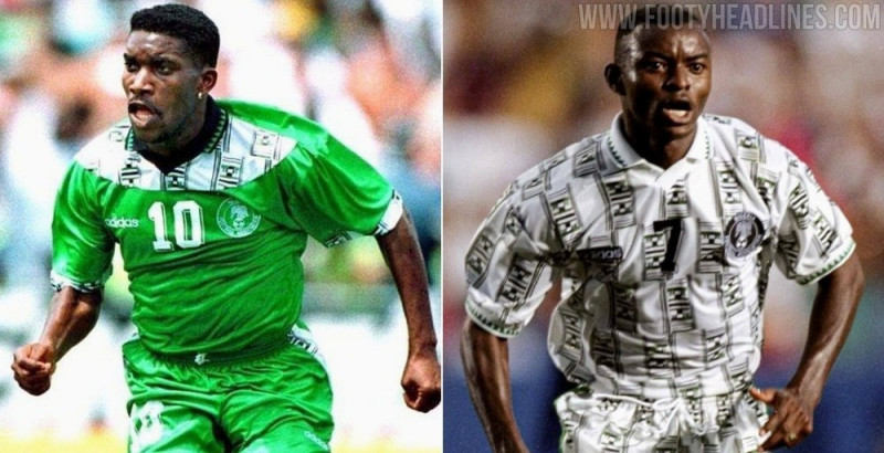 Nigeria 1994 World Cup home and away kit by Adidas, green home shirt and white away shirt