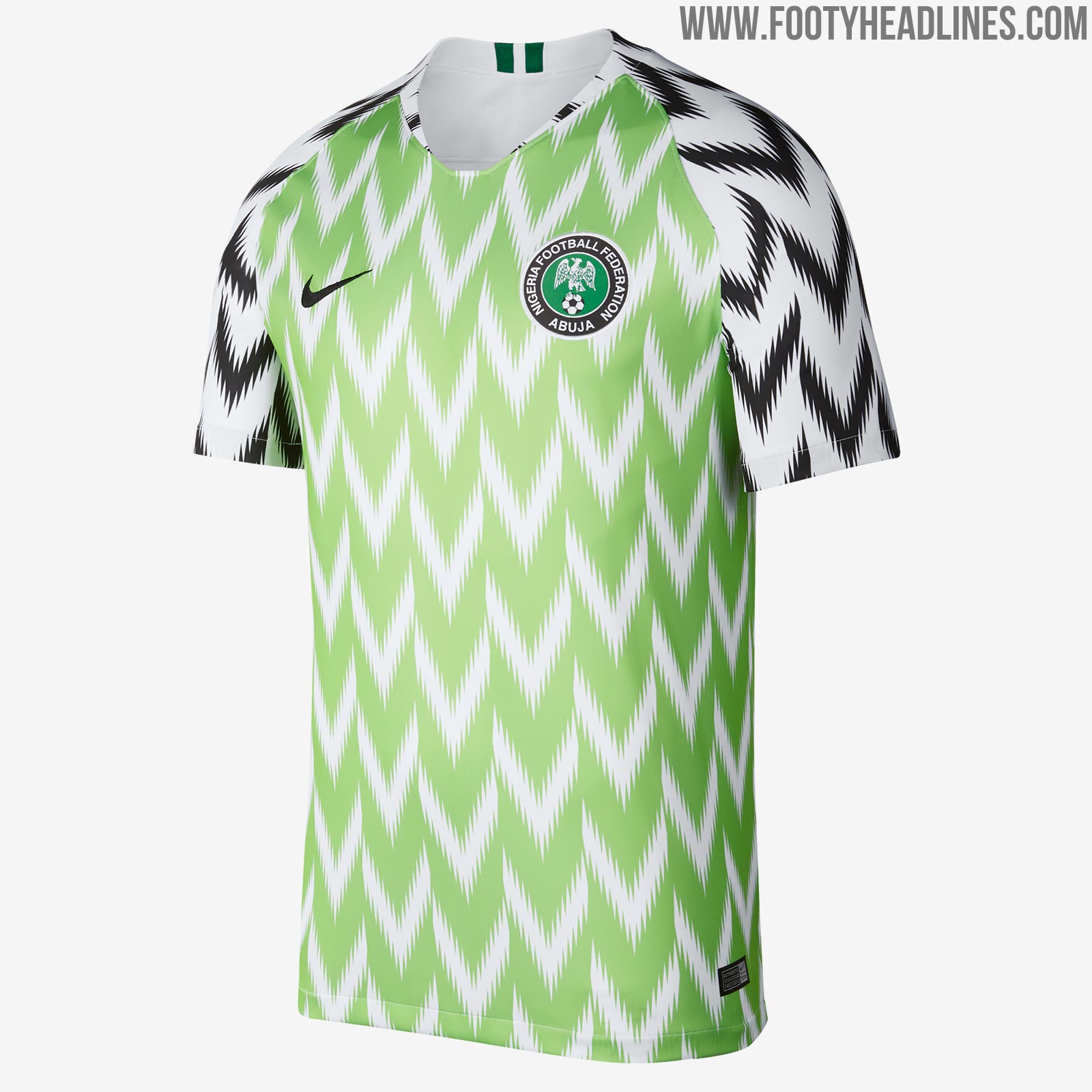 Nike Nigeria 2018 World Cup home shirt with white and lime green chevron pattern and black-and-white chevron sleeves