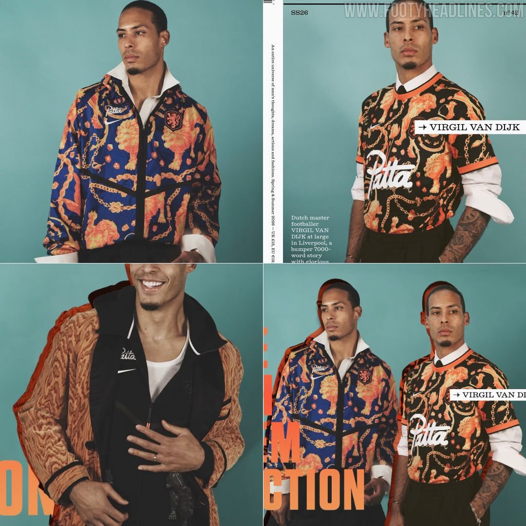 Nike x Patta Netherlands 2026 World Cup collection pre-match shirt with orange lions and gold chain motifs