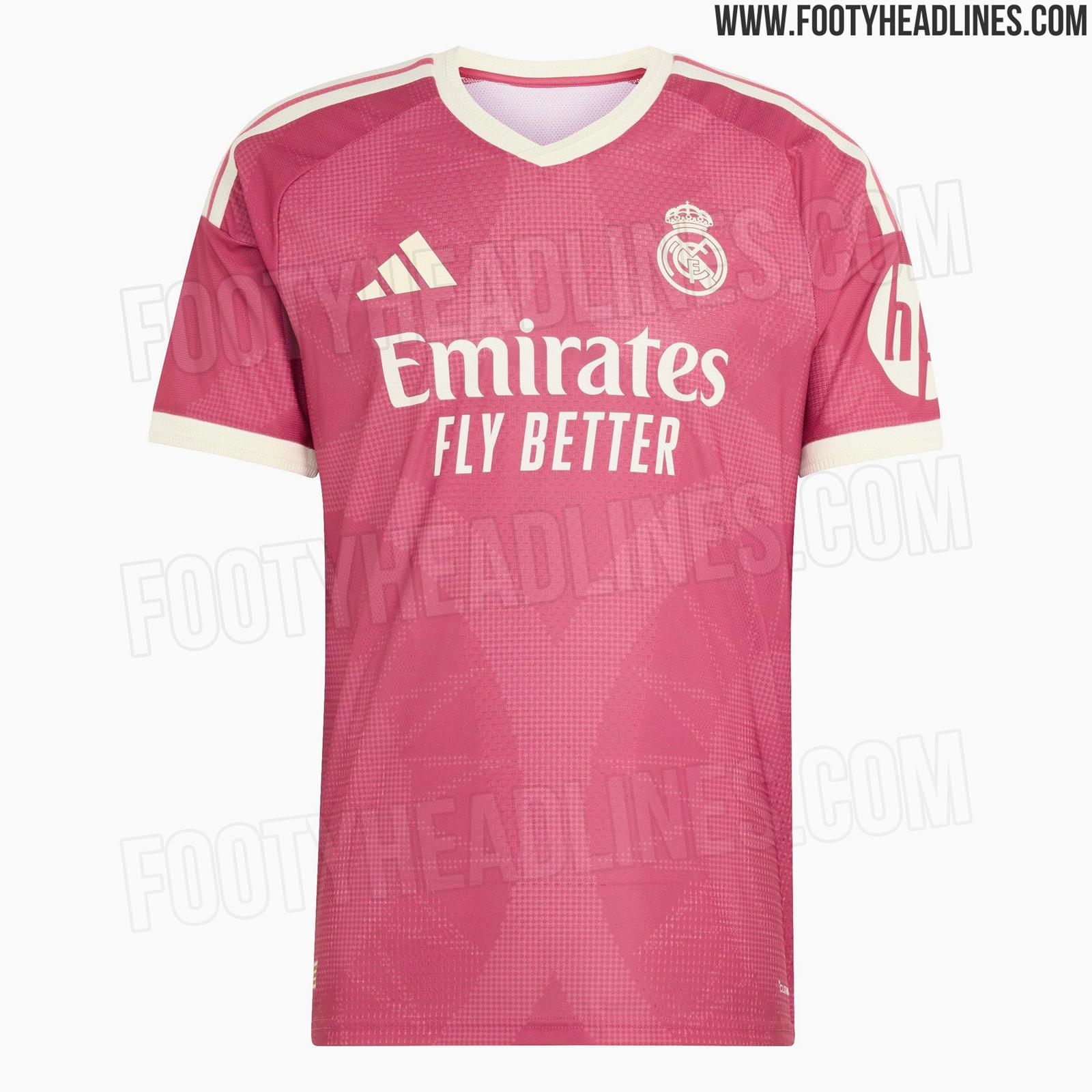 Real Madrid 2026-27 third kit leaked image: dark pink Adidas shirt with ivory V-neck collar and tonal geometric pattern