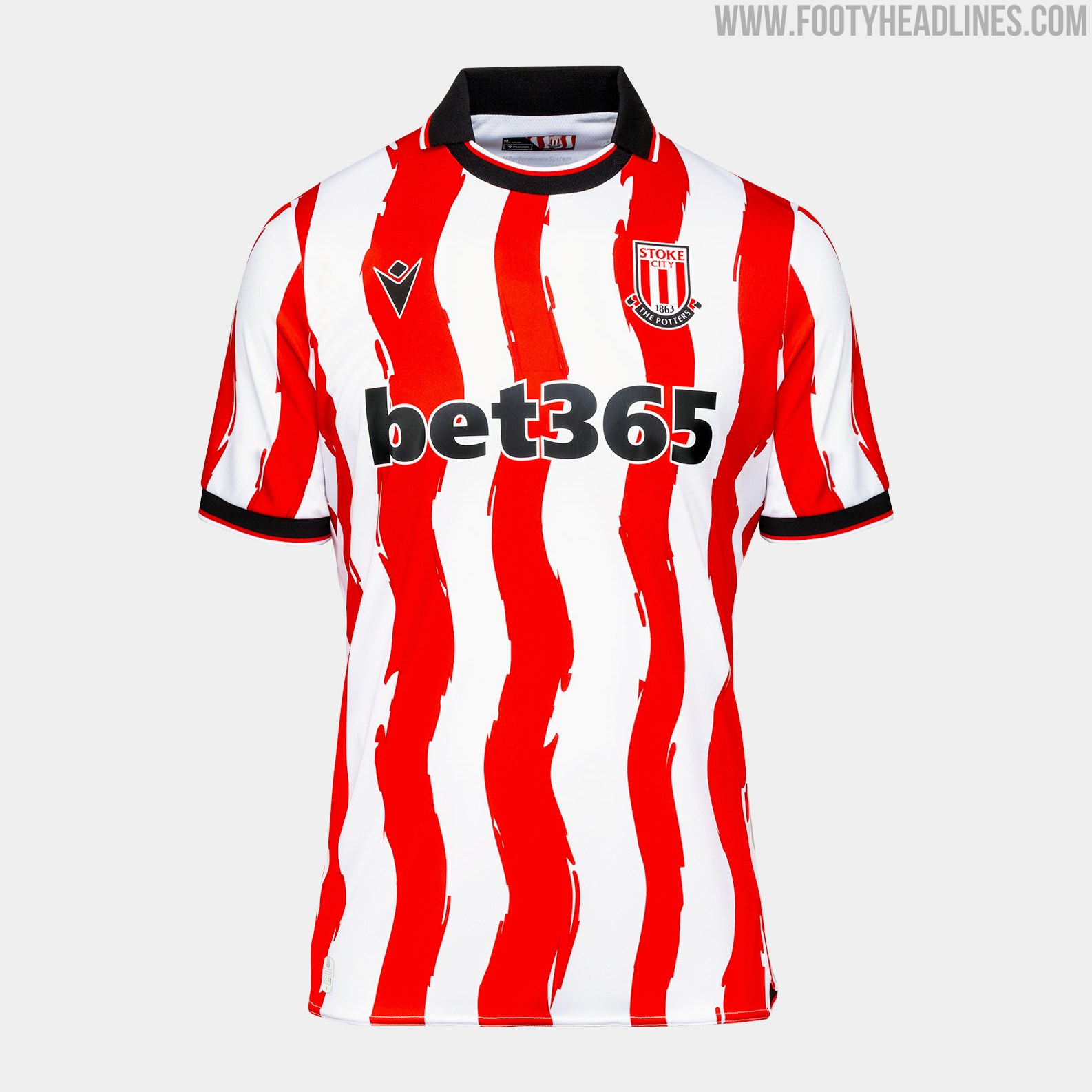 Stoke City 2026-27 home kit by Macron in traditional red and white stripes with the new club crest