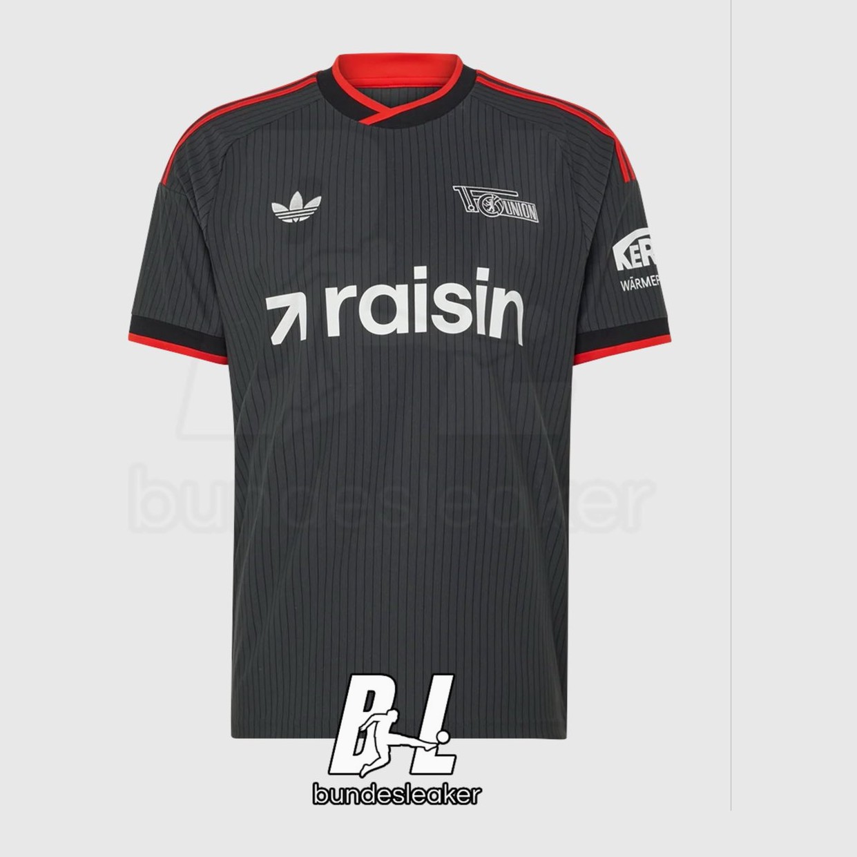 Union Berlin 2026-27 away kit leak: charcoal grey shirt with pinstripes, red trim and Adidas Trefoil